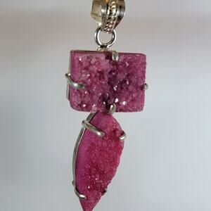 Handmade Silver Pendant With Raw Pink Druzy Quartz Crystals in Textured Silver